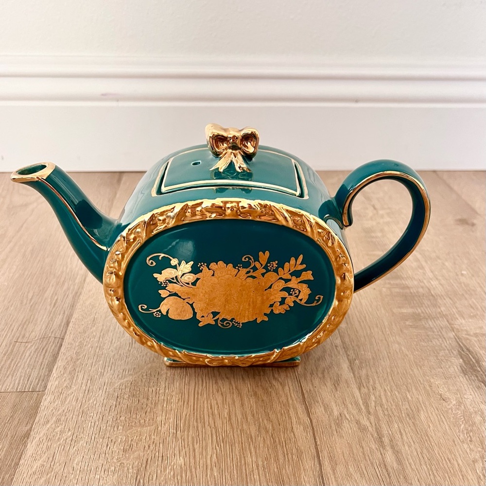Rare 1930s Sadler England 1729 II Cube Teapot Green‎ With Gold Flower Vintage